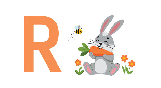 Large orange letter R is accompanied by a cute grey rabbit eating a fresh carrot, a flying bumblebee, and blooming garden flowers.