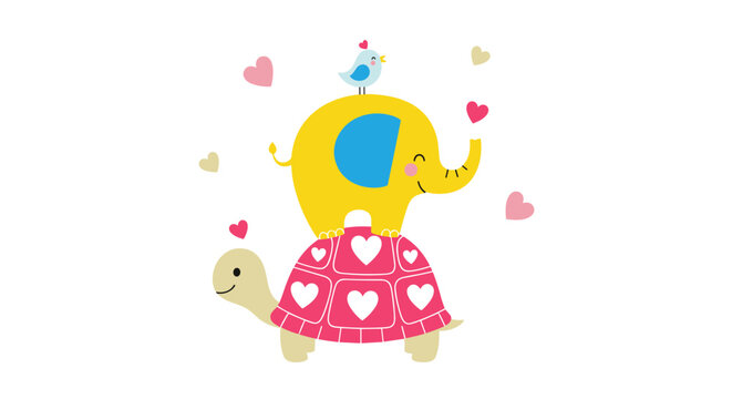 Whimsical illustration shows a yellow elephant standing on a pink turtle decorated with hearts while a blue bird perches on top.