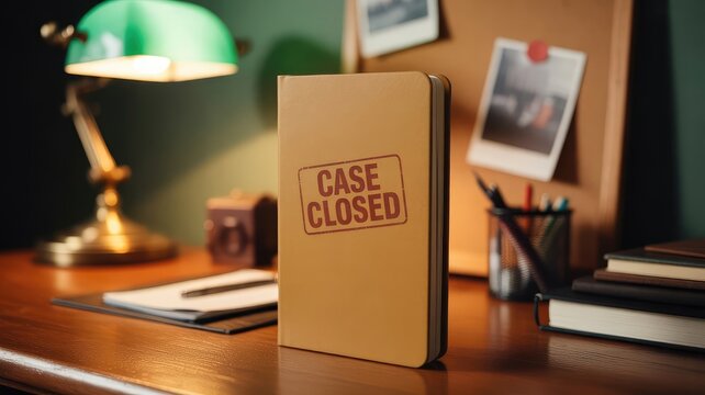 A beige notebook prominently displays a bold "case closed" stamp, symbolizing the successful resolution of an important legal investigation.