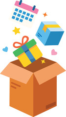Naklejka premium Subscription delivery box with calendar gift and parcel ecommerce flat vector illustration