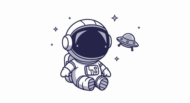 Cute Cartoon Astronaut Sitting in Space with a UFO.