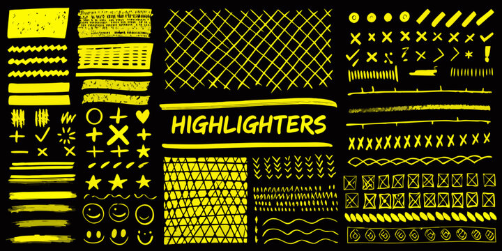 Abstract yellow highlighter marks and doodles on a black background silhouette
