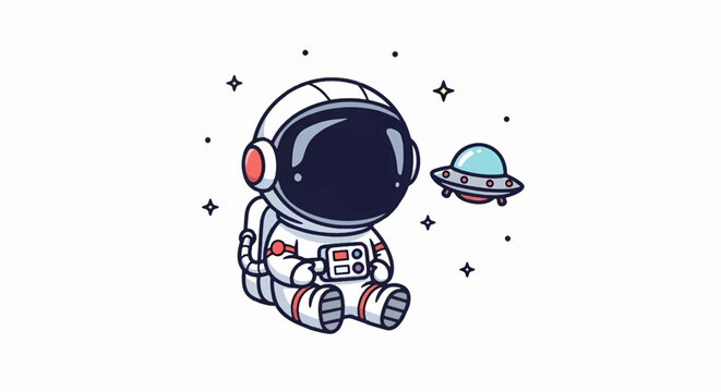 Cute Cartoon Astronaut Sitting in Space with UFO and Stars.