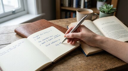Naklejka premium Engaging with Literature: A Moment of Quiet Reflection and Creative Writing at Home