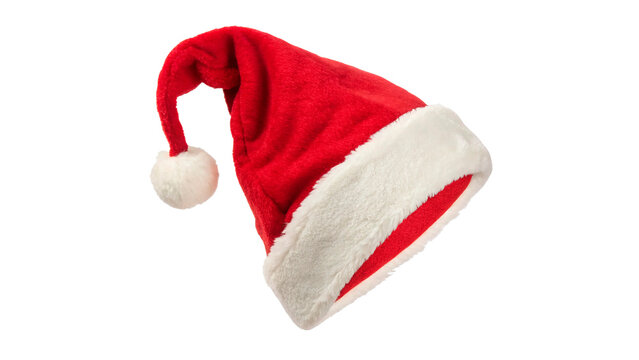 Red Santa hat with white fur trim  isolated on transparent background cut out