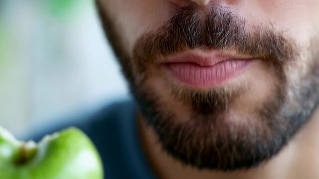 Extreme close up of a man's mouth eating a fresh, crisp, granny smith apple for a healthy snack