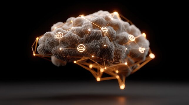 Abstract digital brain with glowing connections and icons representing technology, innovation, and data analysis against a dark background