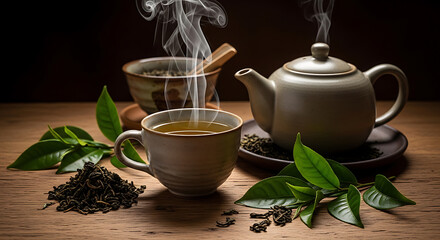 Fototapeta premium Relaxing tea time concept with teapot and hot beverage at home