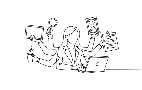 Woman with many arms managing work tasks and devices magnifying glass line art fast paced multitasking superwoman illustration business efficiency productivity management