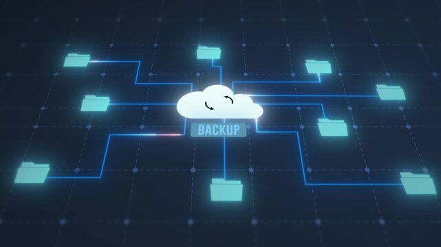 Cloud data backup storage system with network connection and digital technology animation in 4k.
