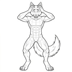 Fototapeta premium Hand drawn sketch of male canine furry base holding head with both hands in extreme panic isolated.