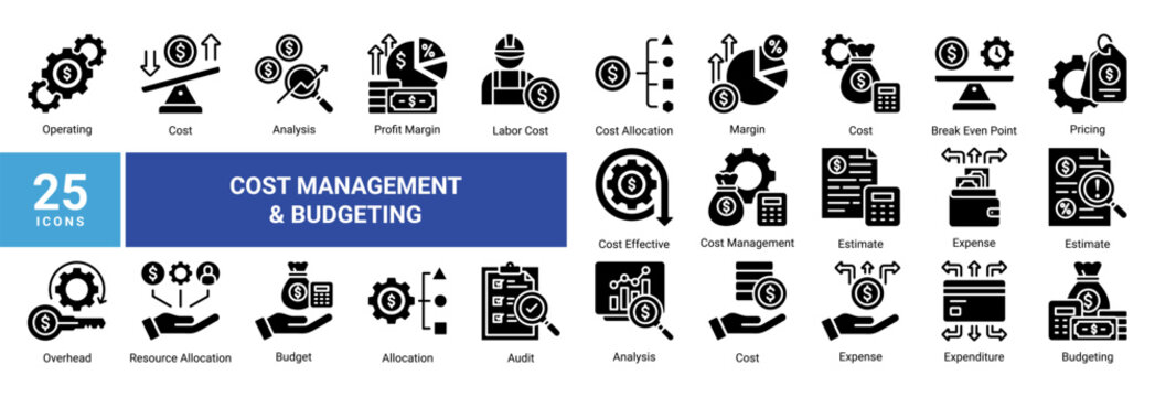 Cost management icon set with 25 icons including budget,expense,pricing,cost analysis,and financial control.Suitable for business,accounting,UI,and infographic design.