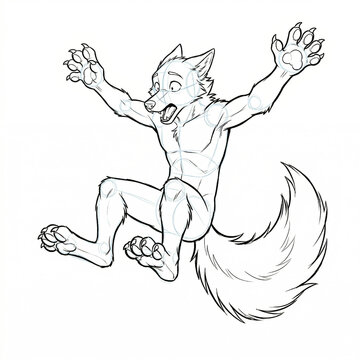 Hand drawn sketch of male canine furry base jumping back in sudden shock flailing arms isolated.