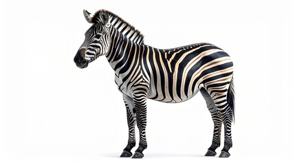 Obraz premium Zebra side profile standing still isolated on clean background, black and white striped animal wildlife portrait with copy space, minimal composition, high detail safari mammal photography