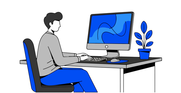 Person working on desktop computer flat vector illustration