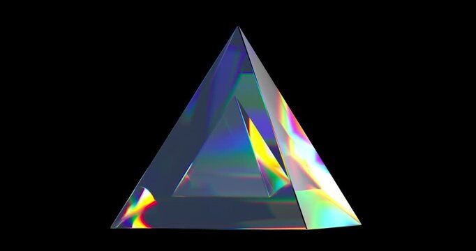 Transparent glass pyramid refracting rainbow light beams on a dark background with dramatic contrast.