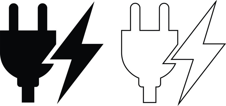 Vector icon set featuring an electrical power plug and a lightning bolt flash for energy charging in solid black silhouette and linear outline styles.