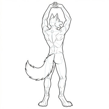 Hand drawn sketch of male furry character base in back view digitigrade stance stretching arms isolated on white.