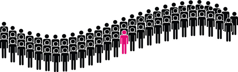 Vector illustration of stick figure group with one highlighted pink figure symbolizing individuality and uniqueness © Creative Rayhan