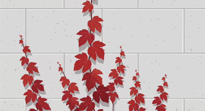 Red ivy vines climb a textured gray stone wall with shadowed leaves