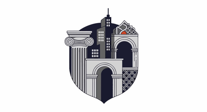 Stylized emblem combining classical architecture and modern city skyscrapers within a shield shape