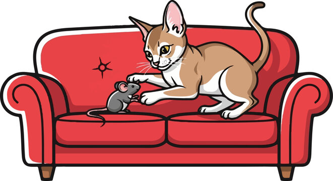 A cat gently touches a mouse while both sit on a red sofa