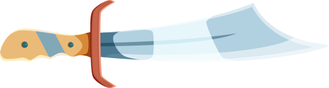 Cartoon pirate sword with a wide silver blade. Isolated vector corsair cutlass for naval fantasy games, cold steel arms, sharp ancient dagger, scimitar, medieval nautical sabre with curved blade