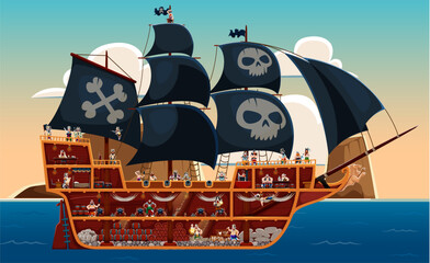 Plakat Cross section diagram of pirate corsair sailboat or frigate ship with detailed deck and interior compartments. Cartoon vector crew, captain, sailor characters inside wooden hull with cannon and barrel