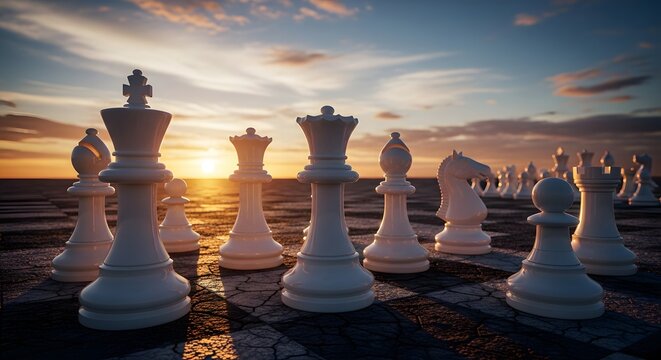Majestic White Chess Pieces Array at Sunset on Cracked Ground