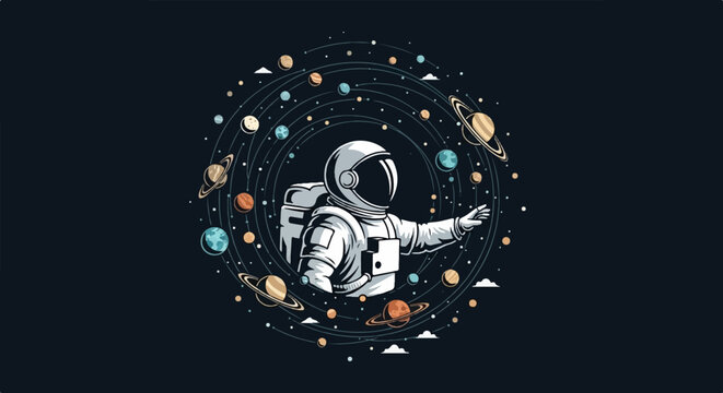 An astronaut in a spacesuit floats surrounded by planets and stars in a circular cosmic orbit