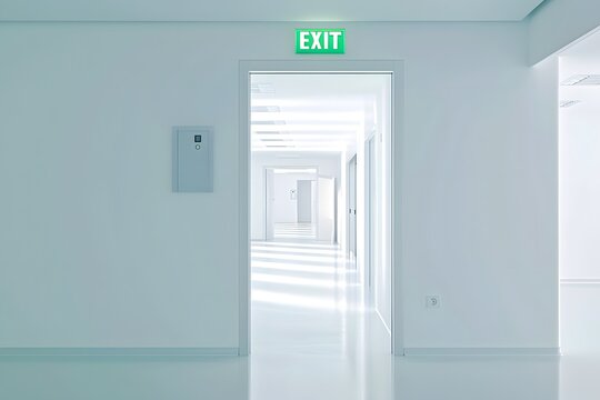 Notausgang mit gr&uuml;nem Exit Schild in hellem minimalistischen Flur Sicherheitskonzept