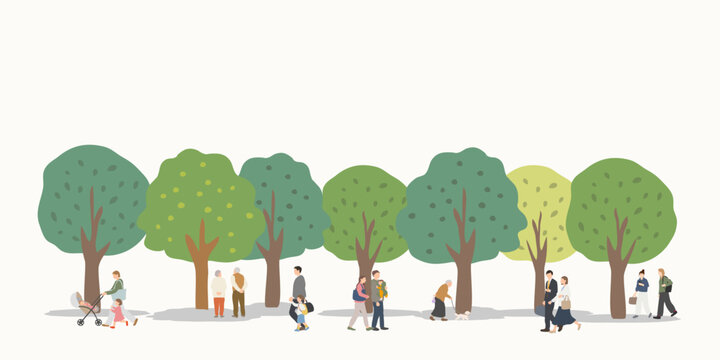 公園で過ごす人々のイラスト背景 多世代の日常シーン