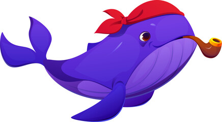 Obraz premium Cartoon whale pirate animal character with smoking pipe. Vector underwater blue sperm corsair and rover personage wearing red sailor bandana, navigates the sea seeking treasures and aquatic adventures