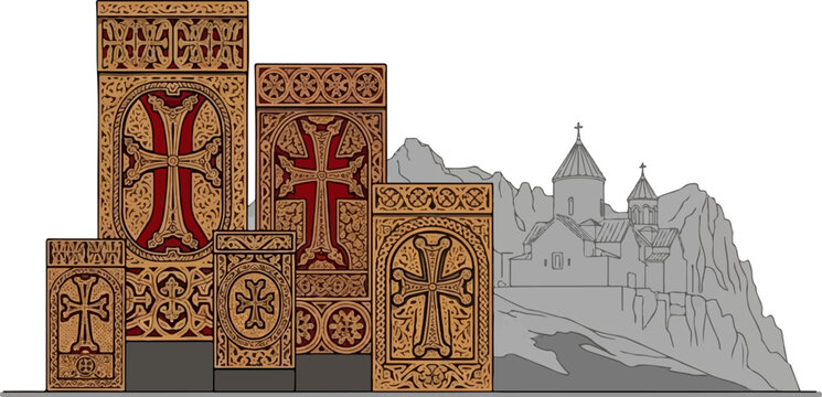 Intricate stone carvings of crosses stand before a cliffside monastery complex