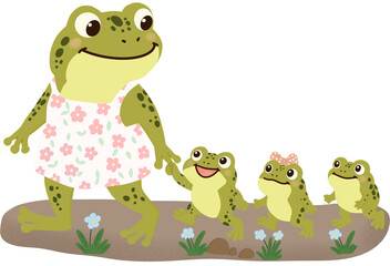 Obraz premium Adorable illustration of a mother frog in a pink floral dress walking along a path with her three cute froglets.