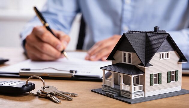 A person in a blue shirt is signing a contract on a clipboard, with a miniature house and car keys on a wooden desk, symbolizing a real estate transaction.