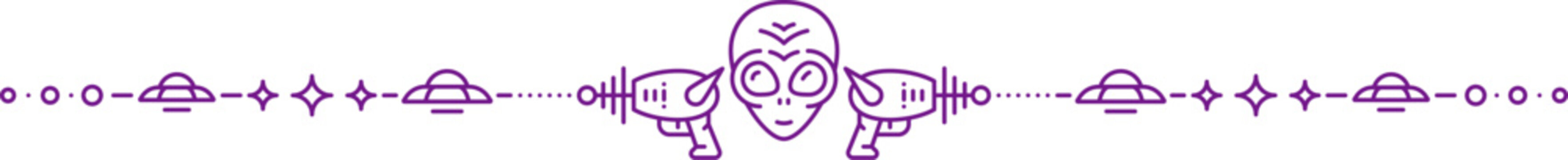 Outer space alien invader and astronomy line divider or border frame. Cosmos exploration spacer or separator vector line. Galaxy outer space divider with alien face, laser pistol and flying saucers