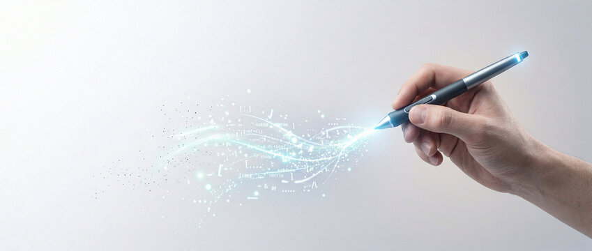 Hand holding glowing digital pen drawing light streaks and sparkles, creative design and digital art tool concept on light gray background with copy space