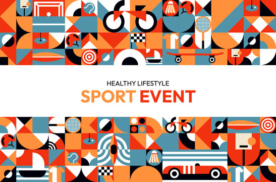 Sports poster with modern geometric patterns. Geometric sports banner with soccer, bicycle, tennis, and basketball. Vector poster with bicycle, racket, helmet, canoe and sailboat for sport events