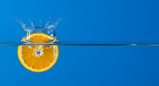 Irisan jeruk segar jatuh menciptakan percikan di atas permukaan air biru jernih