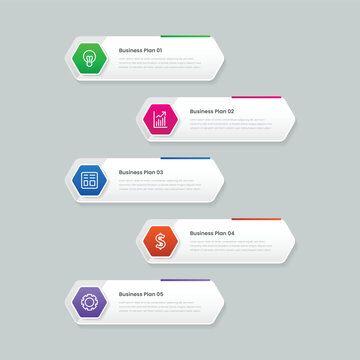 Modern 5-Step Staggered Hexagonal Business Process Infographic