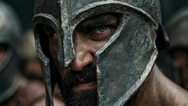 Close portrait of armored warrior with helmet partially covering face revealing one eye creating mysterious dramatic atmosphere and strong visual identity of ancient fighter