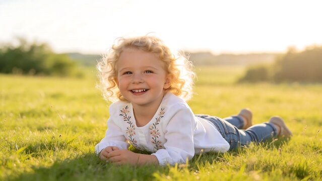 Young girl lying on grass smiling