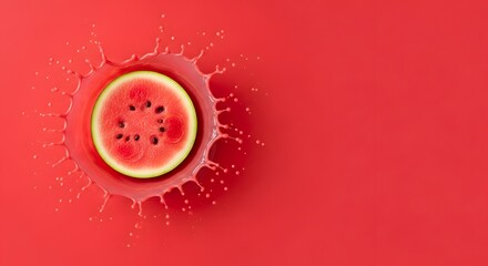 Obraz na płótnie Canvas Percikan dinamis cairan merah dari irisan buah semangka segar di latar belakang senada