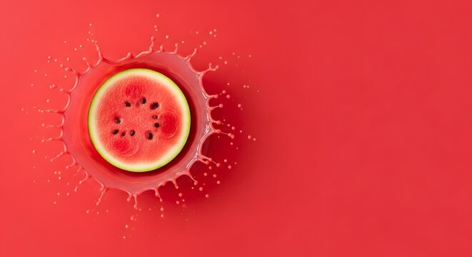Percikan dinamis cairan merah dari irisan buah semangka segar di latar belakang senada