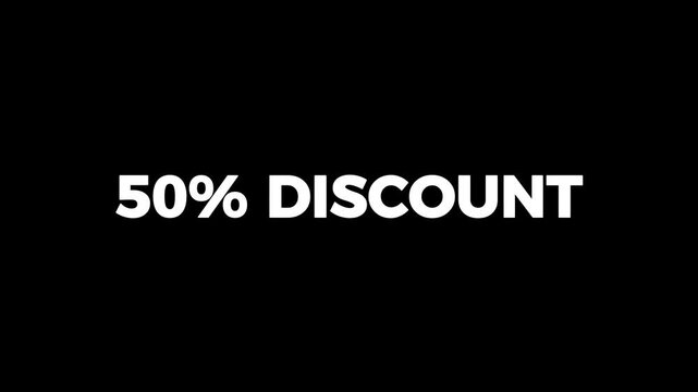 50% discount for sale text animation on black background