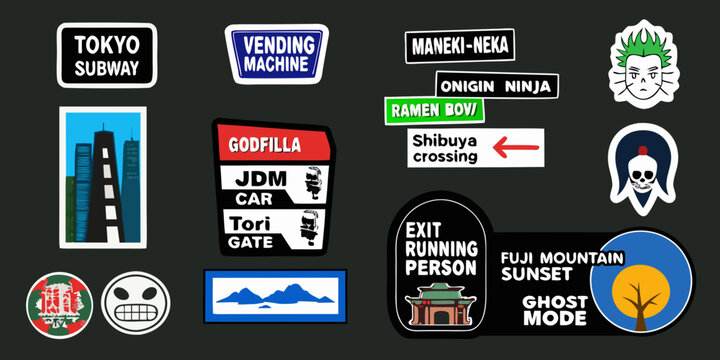 Collection of colorful japanese themed stickers and signs a striking silhouette