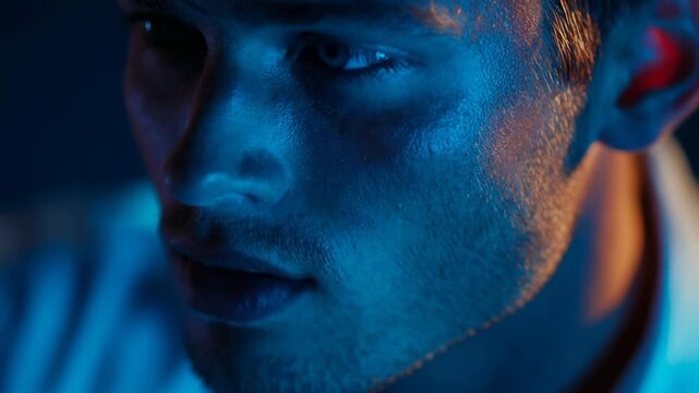 Intense close-up portrait of a serious young man concentrating in a dark room with blue light