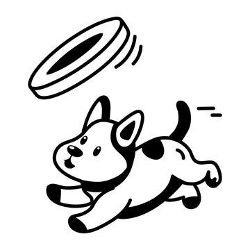 A glyph style icon showing a dog catching frisbee  

