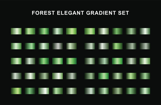 Forest elegant green metallic gradient set vector illustration. Features shiny rectangular color swatches on a dark black background.
